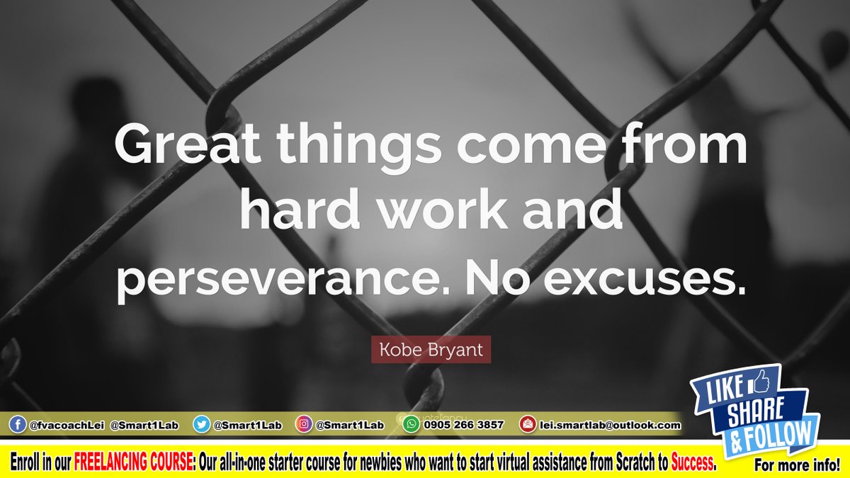 SmartLearninLab's tweet image. “Great things come from hard work and perseverance. No excuses.”

— Kobe Bryant

#DailyReminder   
#FVAQatar      
#SmartLearningLab      
#Surge    
#thursdayvibes