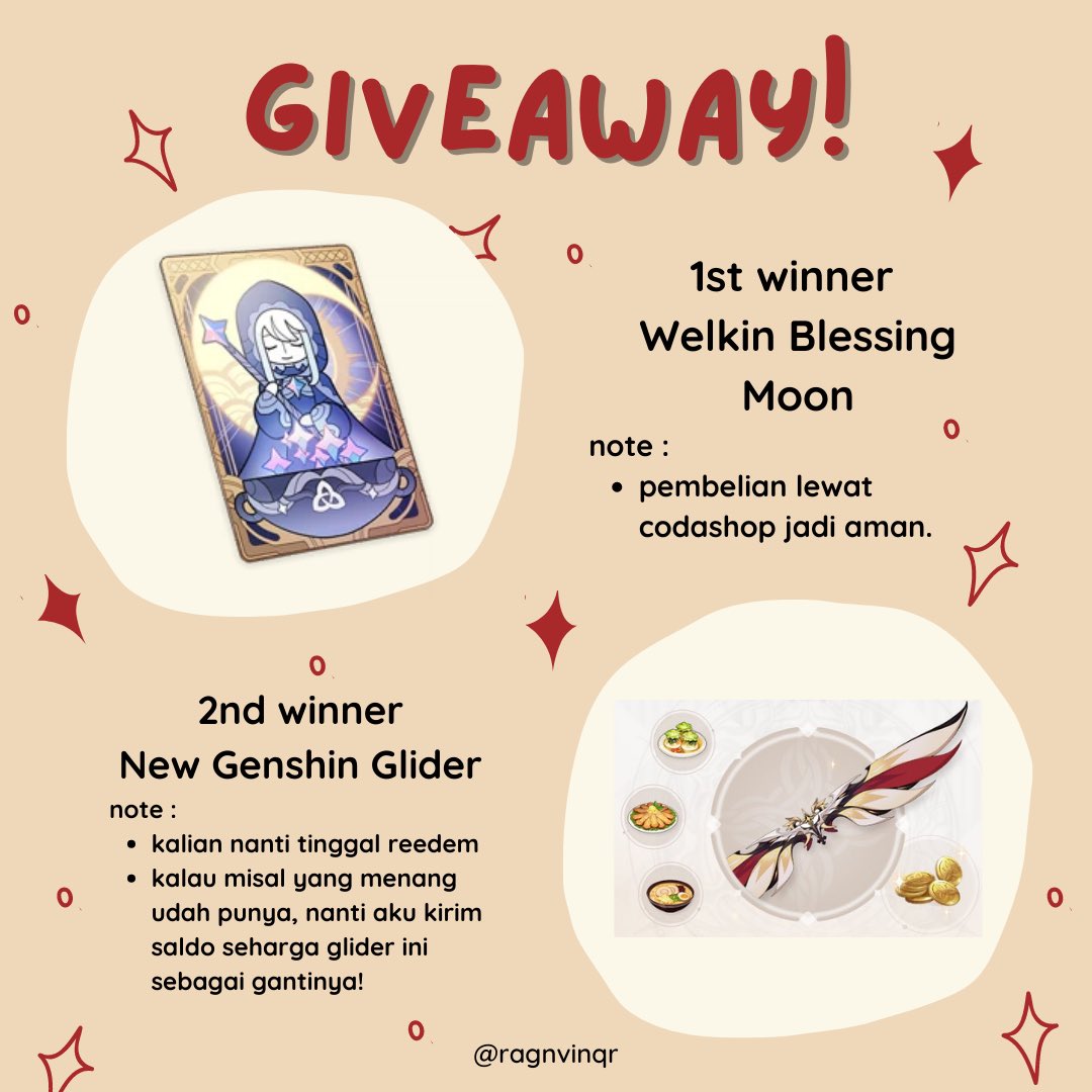 [ GIVEAWAY ]
Hai! Karena hari ini aku ultah &amp; mau sedikit nraktir kalian, jd aku bikin GA dua ini.
Syarat :
- INDO🇮🇩 only
- Moots &amp; non moots boleh ikutan (kalo mau mutualan boleh jg yu)
- Rt &amp; like
- Rep apa aja. Meme / doa dkk boleh.
- NO GA acc.
End Sabtu jam 9 pagi. Goodluck!