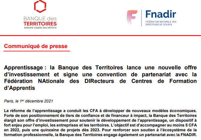 BanqueDesTerr's tweet photo. Pour soutenir l’#apprentissage, un dispositif à fort enjeu pour l’emploi, les entreprises et les territoires, nous déployons une nouvelle offre d'#investissement à destination des #CFA et signons une convention de partenariat avec la #Fnadir.
👉 https://t.co/dW8oPmwcAS
#FormPro https://t.co/jCXtsWkKV4