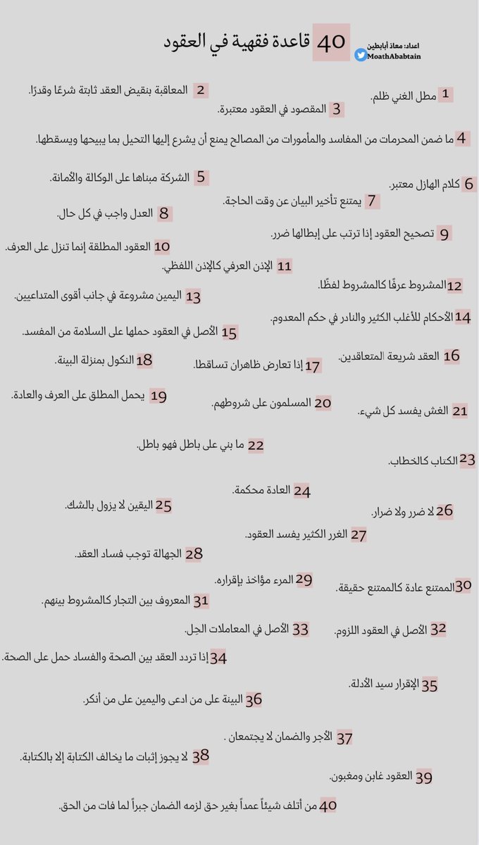 MoathAlbabtain's tweet photo. 40 قاعدة فقهية في العقود. https://t.co/cwFvmCKSyE