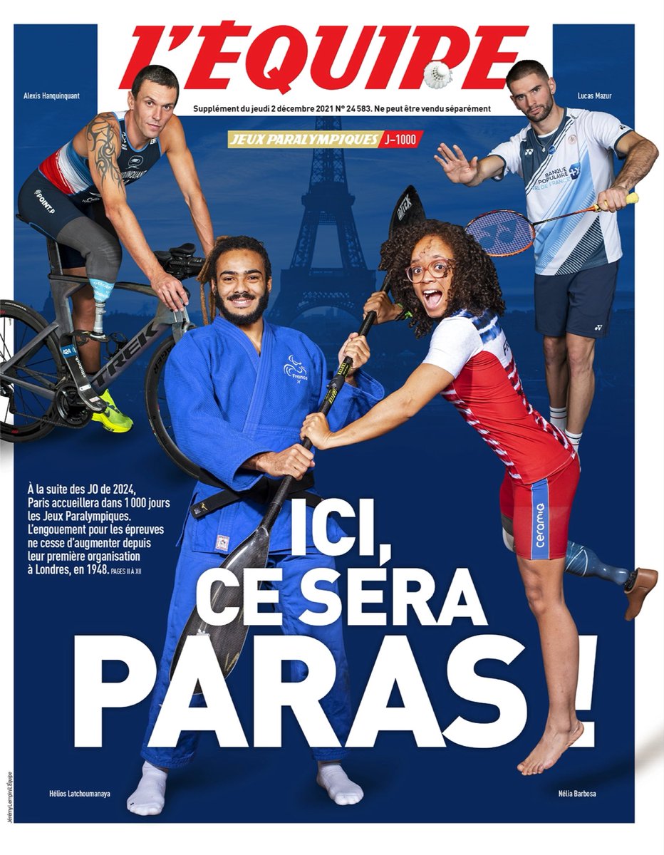 trilavier's tweet photo. Only #1000daystogo to the #Paris2024 #Paralympics! 
France's sport newspaper @lequipe with a great front page https://t.co/BFplyDqxYq