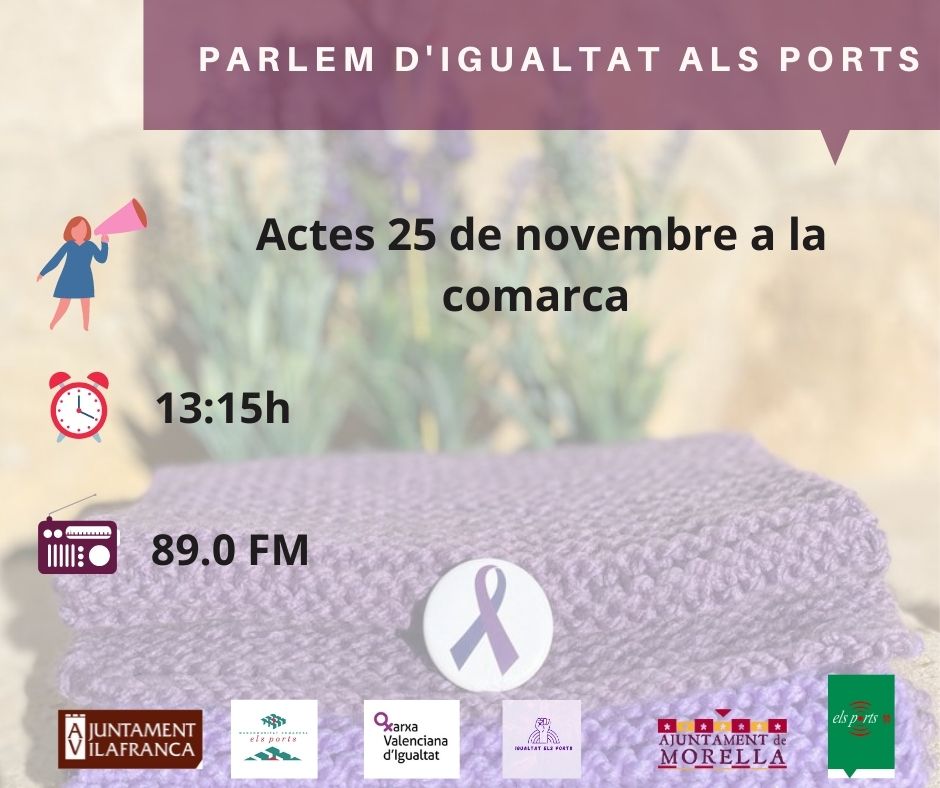 📻 RÀDIO EN IGUALTAT: ACTES 25 DE NOVEMBRE

🙋‍♀️🌞 Bon dia, avui en el programa “Parlem d’Igualtat als Ports” farem un resum dels actes celebrats amb motiu del 25 de novembre a la comarca.