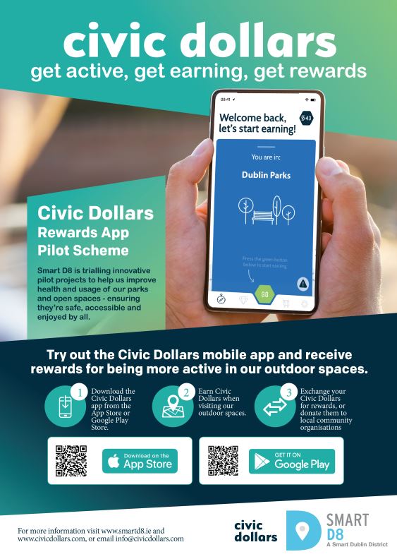 smart_d8's tweet photo. Amazing coverage on Monday of our partnership with @CivicDollars to pilot a new community currency app in Dublin 8. Due to demand we've now added a 6th park to the earning zones list - Turvey Park in Inchicore. Download the app via appstores & start earning! https://t.co/j5pdrrnSZS