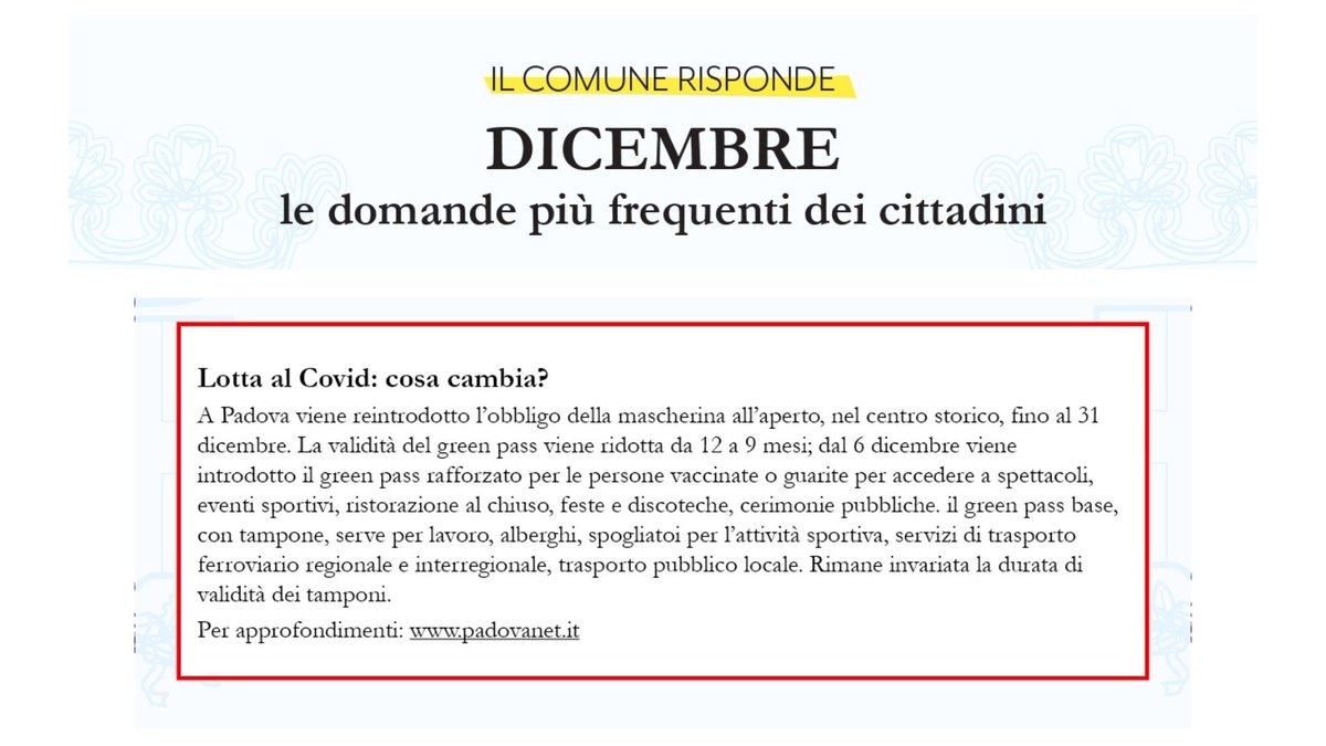 comunepadova's tweet photo. ❓ Gli argomenti delle FAQ di dicembre:
🔴 misure anti-Covid 
🟡 #NataleaPadova
🔵 contributo per l’acquisto di biciclette elettriche
🟠 certificati in edicola
🟢 IMU per locazioni a canone concordato a studenti e famiglie.
Scopri le risposte ➡ https://t.co/O8HFYdXAXy #Padova https://t.co/CboMkVECWi