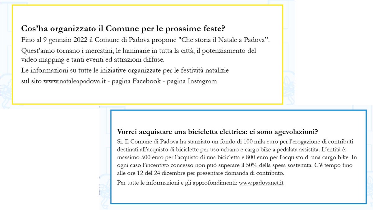 comunepadova's tweet photo. ❓ Gli argomenti delle FAQ di dicembre:
🔴 misure anti-Covid 
🟡 #NataleaPadova
🔵 contributo per l’acquisto di biciclette elettriche
🟠 certificati in edicola
🟢 IMU per locazioni a canone concordato a studenti e famiglie.
Scopri le risposte ➡ https://t.co/O8HFYdXAXy #Padova https://t.co/CboMkVECWi