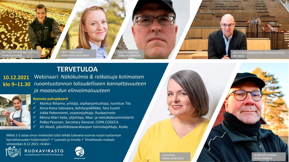 Mielenkiintoinen puhujakaarti kokoontuu pe 10.12. klo 9.00 etsimään ratkaisuja suomalaisen ruoantuotannon taloudelliseen kannattavuuteen ja maaseudun elinvoimaisuuteen. Tervetuloa mukaan!

Ilmoittaudu: bit.ly/ruoantuotannon…

<a href="/Ruokavirasto/">Ruokavirasto | Livsmedelsverket</a> <a href="/mmm_fi/">MMM</a> #maatalous #ruoka #kannattavuus