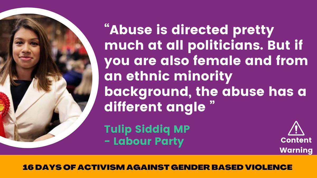 JoCoxFoundation's tweet photo. #16Days, Day 8:
@TulipSiddiq estimates that she receives an abusive message every day on social media, and a violent threat — such as that she will be raped, murdered or her whole family “butchered” — every three weeks.
https://t.co/sQGzKbmT86 https://t.co/F1dgu7umza
