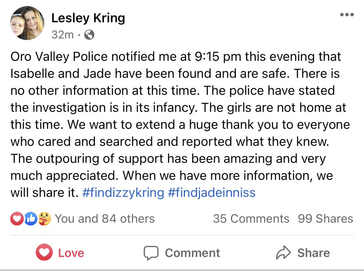 RobAndHaleyReal's tweet photo. #IzzyKring and #JadeInniss have been found and are safe 🙏😭🤍
Thank you to everyone who helped get their names and faces out there!!
#findizzykring #findjadeinniss https://t.co/8D7Y6q1LCD