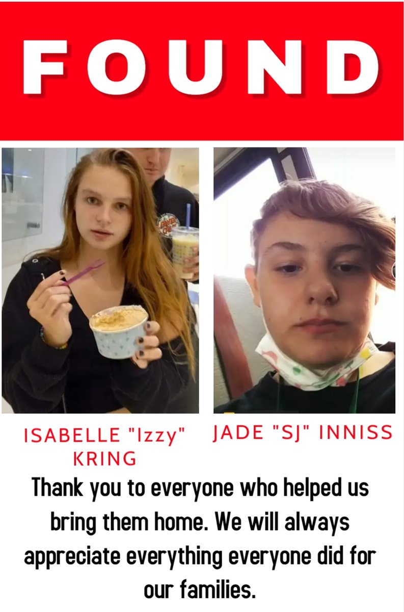 Elizabe90610863's tweet photo. Thank everyone for you prayers, your positive thoughts and for actively sharing our flyers with everyone you know. The girls have been located and will be in their homes soon.  Thank you. https://t.co/gfjHmLZs4Y