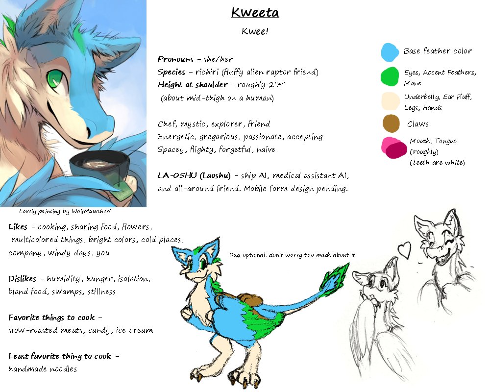 LiataisLibrary's tweet image. Tossed together a quick Kweeta reference sheet for when I eventually have the courage and the funds to get commissions done... ^^; Have some info on my little space raptor buddy in the meantime!