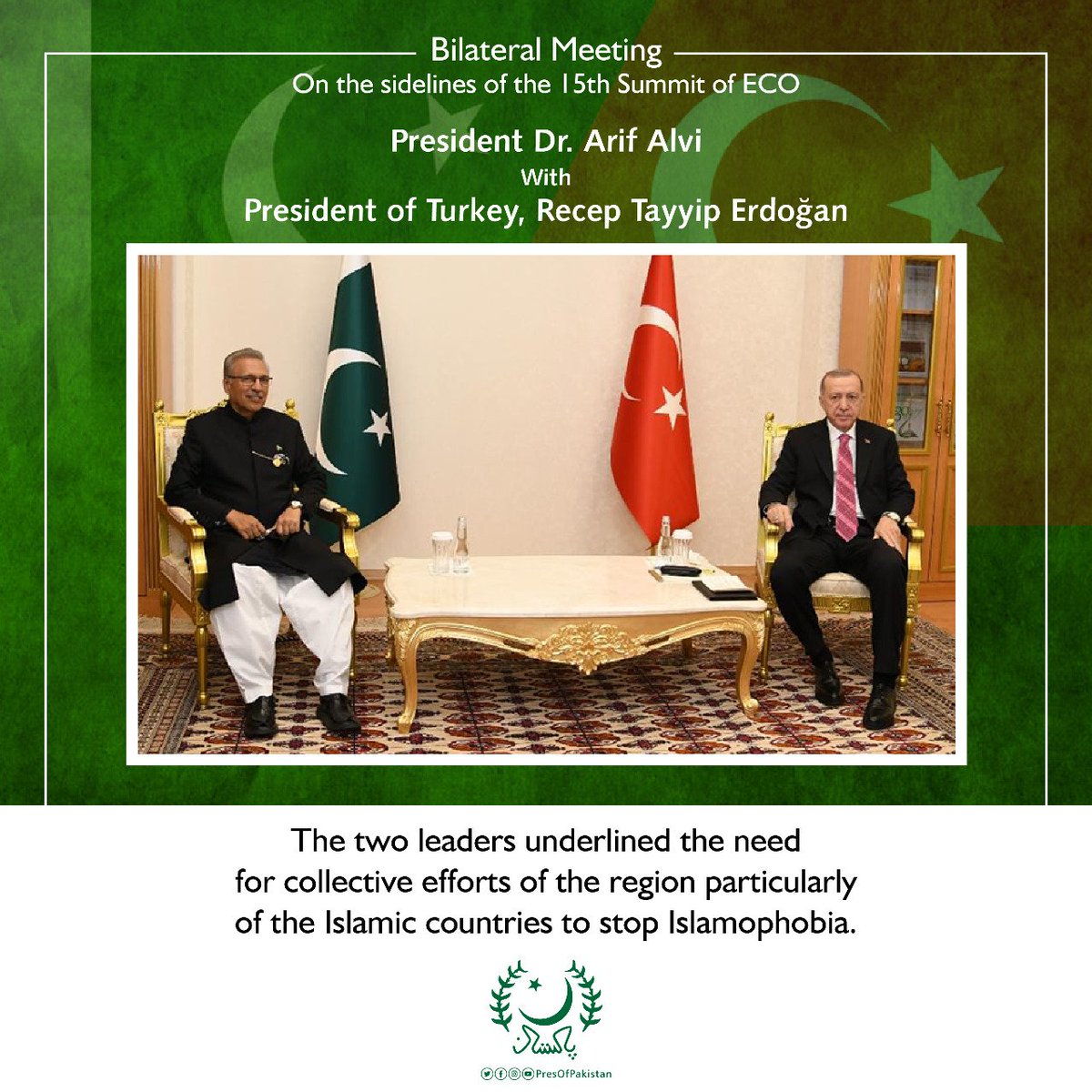 PresOfPakistan's tweet photo. President Dr. @ArifAlvi met with President of Turkey, Recep Tayyip Erdoğan (@RTErdogan) in a bilateral meeting, held on the sidelines of the 15th Summit of ECO.
#ECOSummit #PakInECO #Turkmenistan @trt @trtworld https://t.co/7jeYzH4RWr