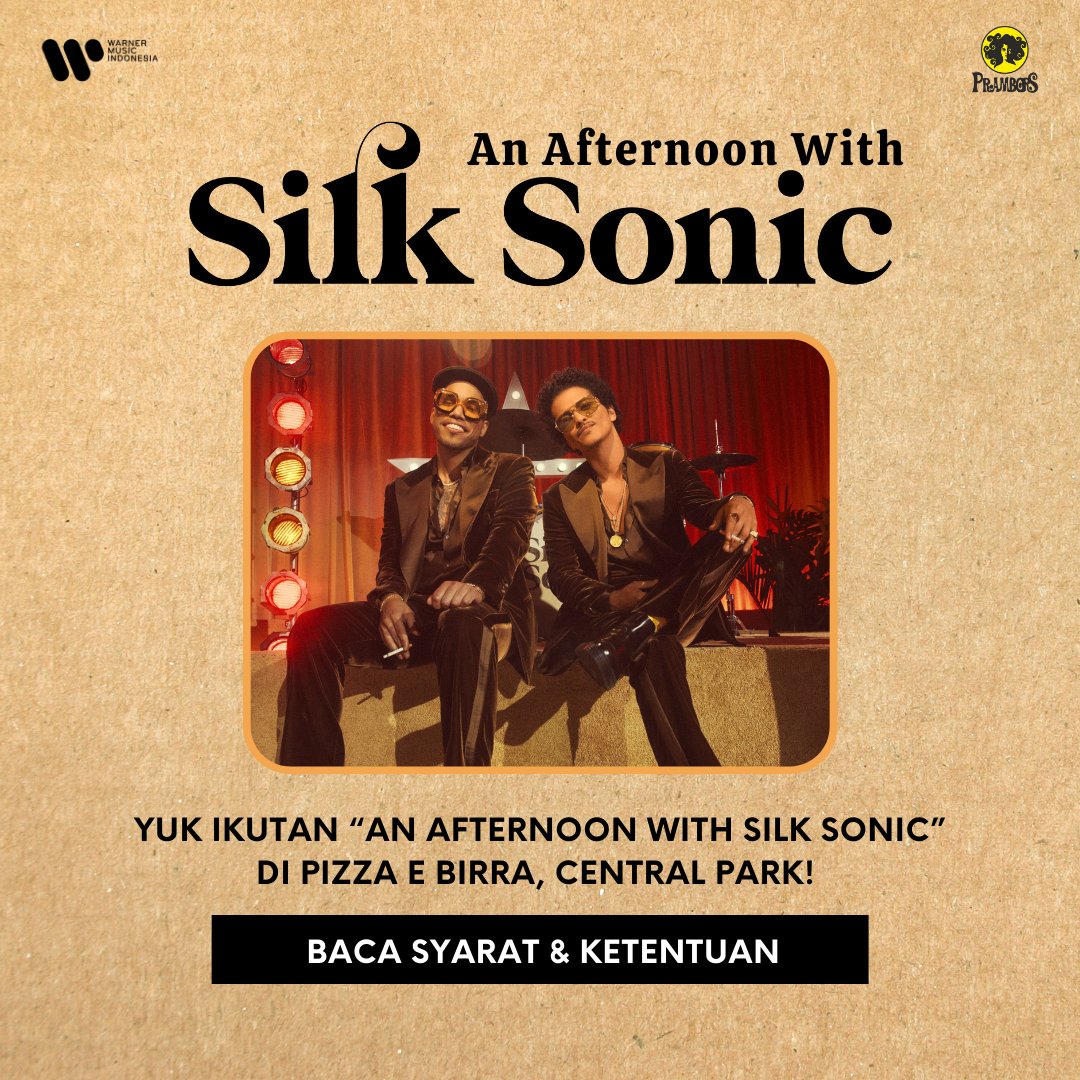 Hooligans!! Jgn sampe ketinggalan utk daftar di acara "An Afternoon with Silk Sonic" pda 12.12 nti ya. Kmu bsa daftar disini: forms.gle/GRU7MbbjGo5wRe…

Acara ini gratis &amp; klo km kepilih, km bsa ajakin 1 tmn kamu utk ikutan, seru bgt kan! 😆

#SilkSonic #BrunoMars 

<a href="/BrunoMarsIndo/">Bruno Mars Indonesia</a>