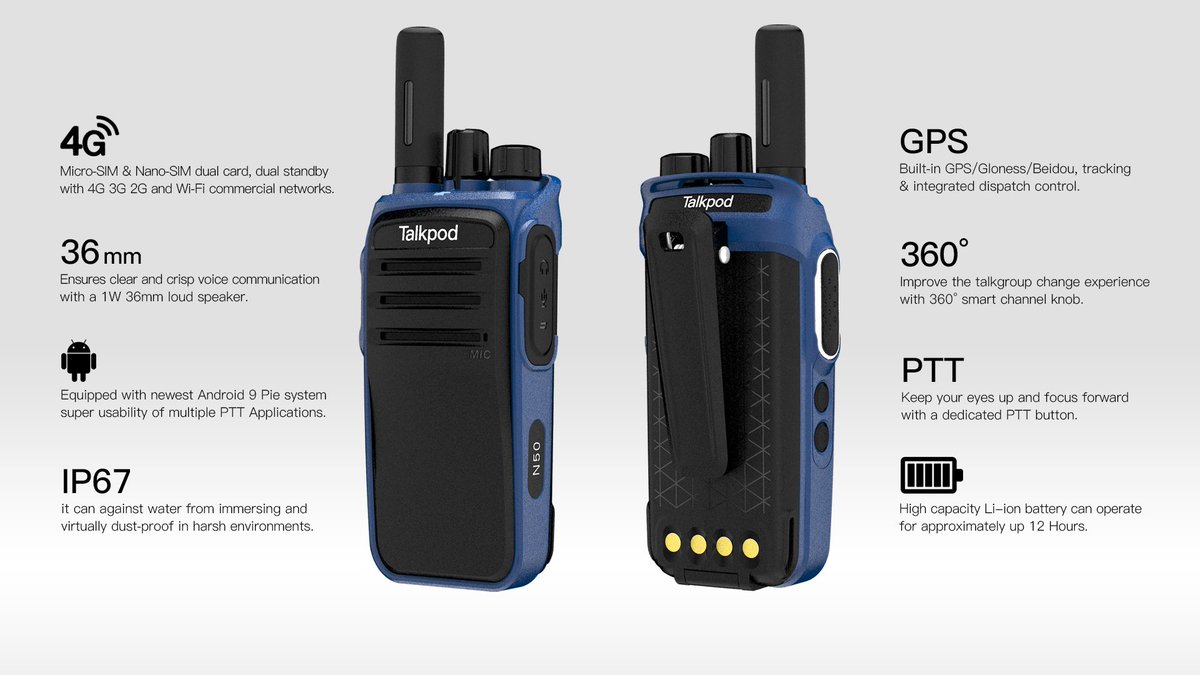 Among all the fancy designs, N50 is still the most hot sales model in Talkpod 
Nonescreen and IP67 upgrade option give user a rugged experience in communication, safety and first reponse. Band 28 support, support most of the carriers. They just need a Push-to-Talk  #Android9 #LTE