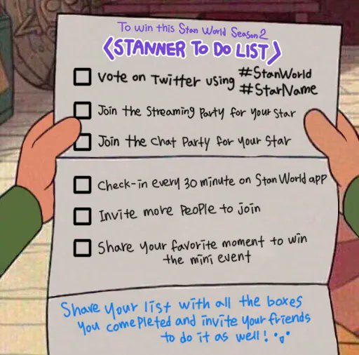 stanworld_twt's tweet photo. 📢[Check your to do list]

How many boxes can you check?📝

Share this and compare it with your fellow Stanners⭐️!

#STANWORLD #PARTYTOWIN #WATCHPARTY https://t.co/sQf61ogVGK