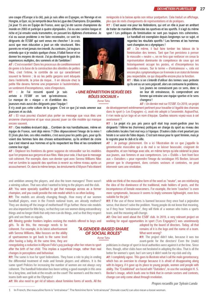 TatuAnne1's tweet photo. Dossier Accès des femmes aux metiers du sport dans revue de @SportandCitizen . Retrouvez notre échange avec @TERVELRaphaelle 
#rolesmodeles
#leverlesfreins
#womenempowerment
@stapsbisontin @fc_univ @ANESTAPS @Agence_du_Sport @Mix_et_Perf @upfrsports @egalaps https://t.co/eMcSIZikBl