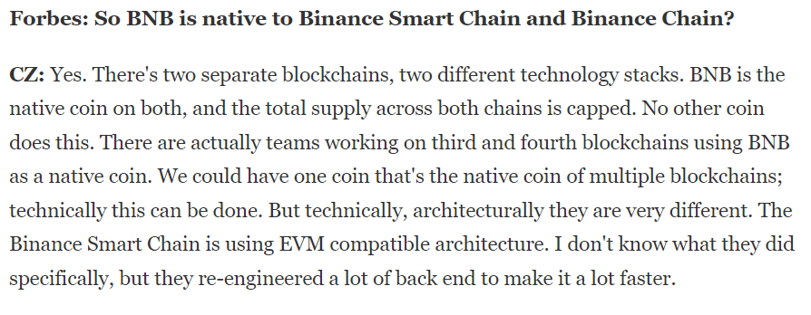 CryptoBethany's tweet photo. I found something that states new chains are coming for #bnb 

This is a forbes interview with CZ, from 3 days ago

(one of my commenters did say some comments very similar to this, I can't find it, lmk if you want a tag). https://t.co/jCpuHV558t