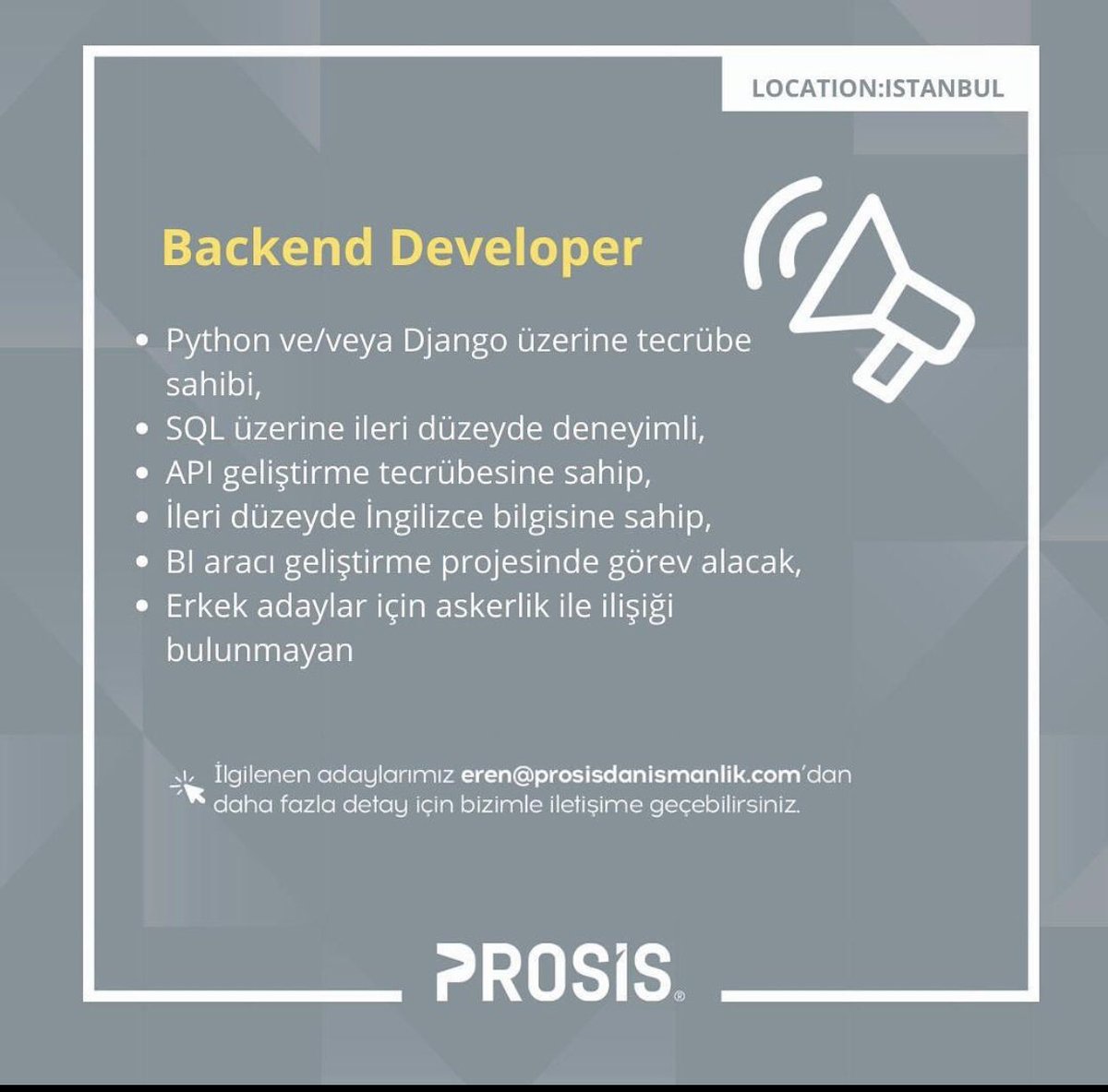 Danışmanlığını yapmakta olduğumuz iş ortağımız için Backend Developer arıyoruz. Yeni iş fırsatları ile ilgilenen adaylarımız detaylar için bizimle iletişime geçebilirler.

📍İstanbul

#backenddeveloper #işilanı #jobadvertisement