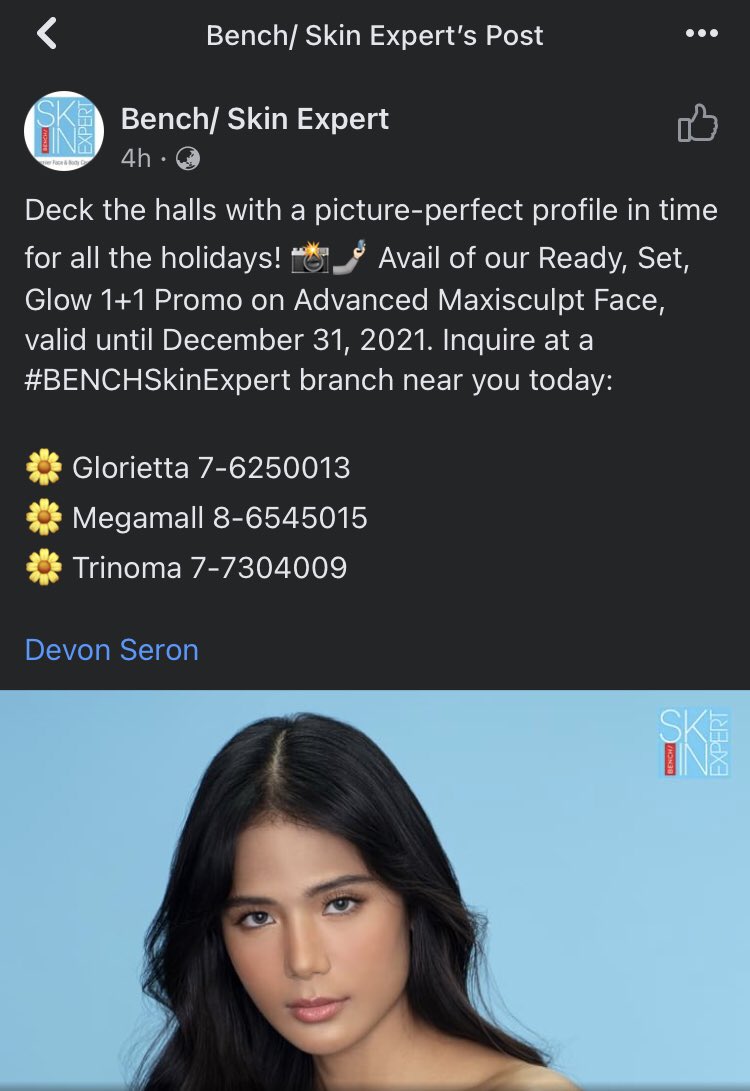 TeamDEVONairs's tweet photo. Deck the halls with a picture-perfect profile in time for all the holidays! 📸🤳🏻 Avail of our Ready, Set, Glow 1+1 Promo on Advanced Maxisculpt Face, valid until December 31, 2021. Inquire at a #BENCHSkinExpert branch near you today:

#DevonSeron 🌼 https://t.co/X2FgRUCxUL
