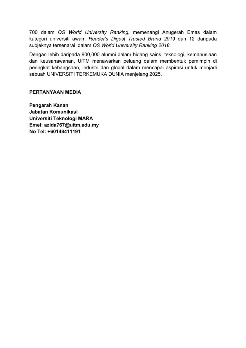 uitmofficial's tweet photo. SIARAN MEDIA
PENGANUGERAHAN DIPLOMA/IJAZAH SECARA JANJI TEMU SESI
KONVO KE-92 UNIVERSITI TEKNOLOGI MARA 
#KonvokesyenUiTM2021
#keluargaUiTM
#UiTMdihatiku https://t.co/hmWBAbBkfo