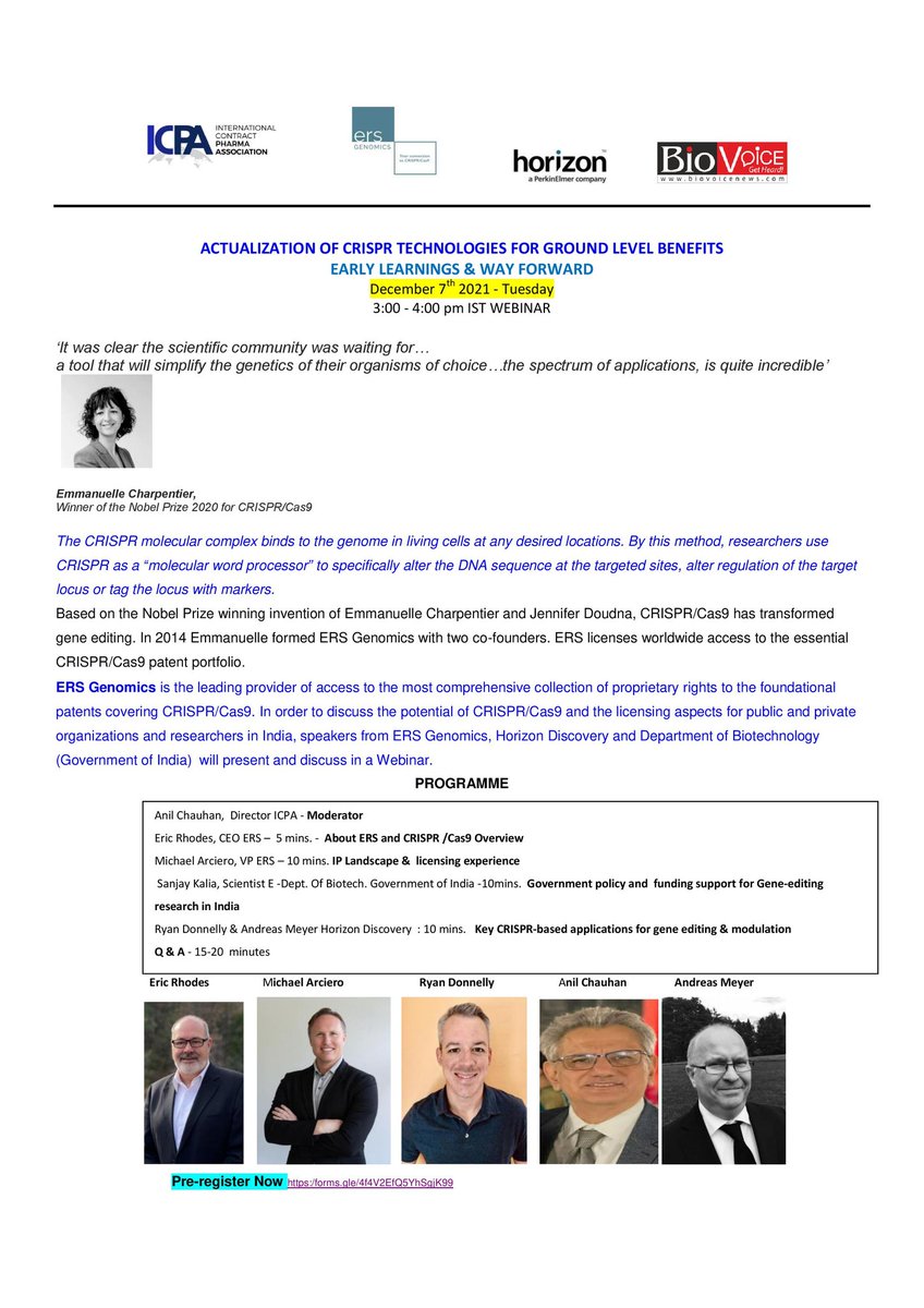 BiovoiceNews's tweet photo. SAVE THE DATE📌: #BioVoice is an official media partner of #webinar on CRISPR/ Cas9 being held by #ICPA. Event will feature speakers from @ersgenomics, #HorizonDiscovery & @DBTIndia.
🗓: 7th December
⏰: 3-4 PM IST
Click to pre-register: https://t.co/qbnNmLRqwY
Details: https://t.co/75qXKb6f6N