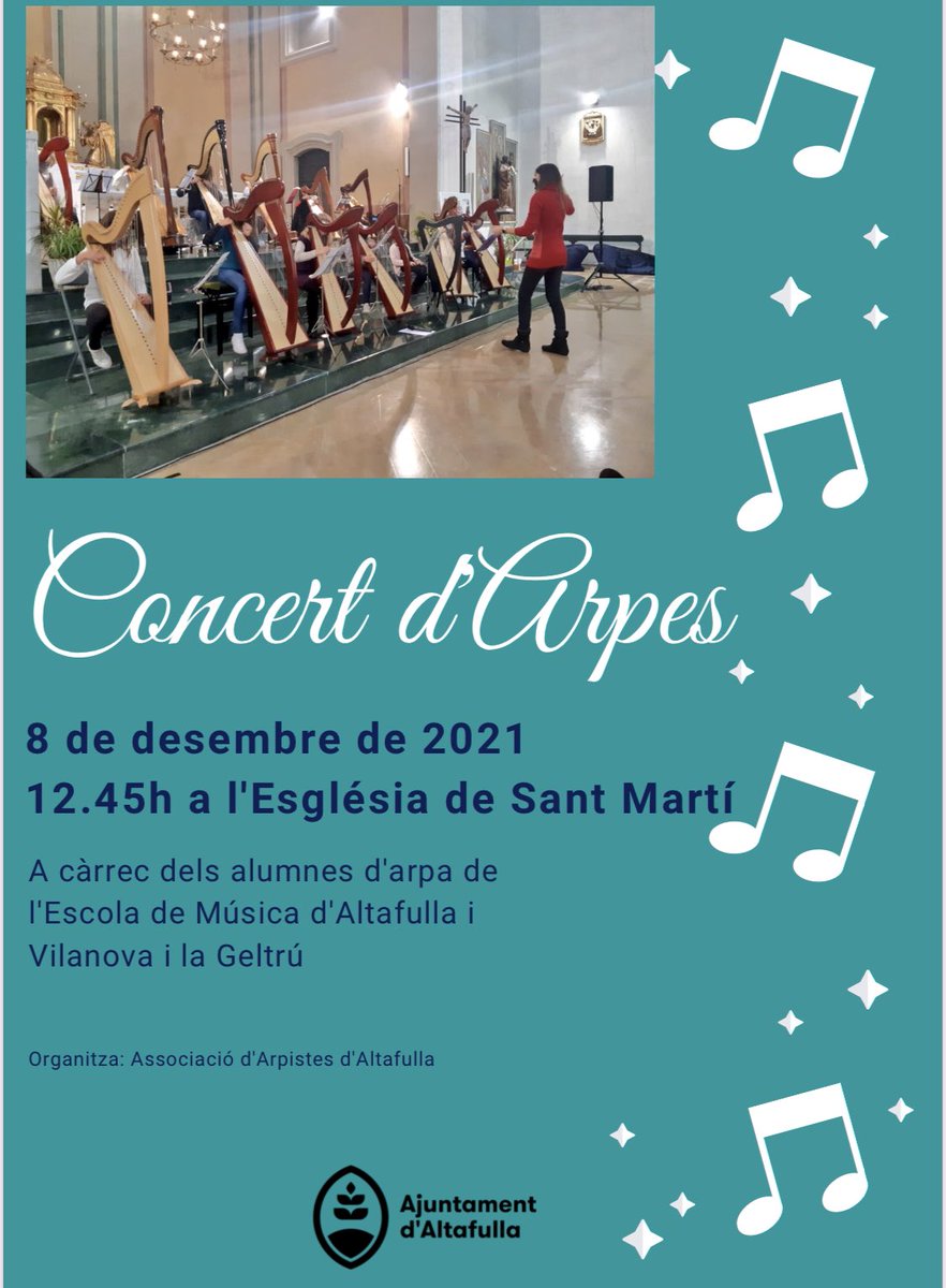 arpistes's tweet photo. Aquest dimecres 8 de desembre a les 12.45 us convidem al concert d’arpes  a l’Església de Sant Martí d’Altafulla amb els alumnes de l’EMMA, @ECMMVilanova @FrequenciesEM dirigit per la professora @Esther_pinyol !  @ajAltafulla @AltafullaRadio @AltfTurisme @Diari_Mes @altafulles https://t.co/EUtO4LIAWB