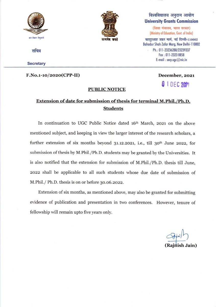 ugc_india's tweet photo. Keeping in view larger interest of research scholars, last date for submission of thesis for M.Phil./Ph.D. Students has been extended from 31.12.2021 till 30.06.2022. https://t.co/qtMLumUrTJ