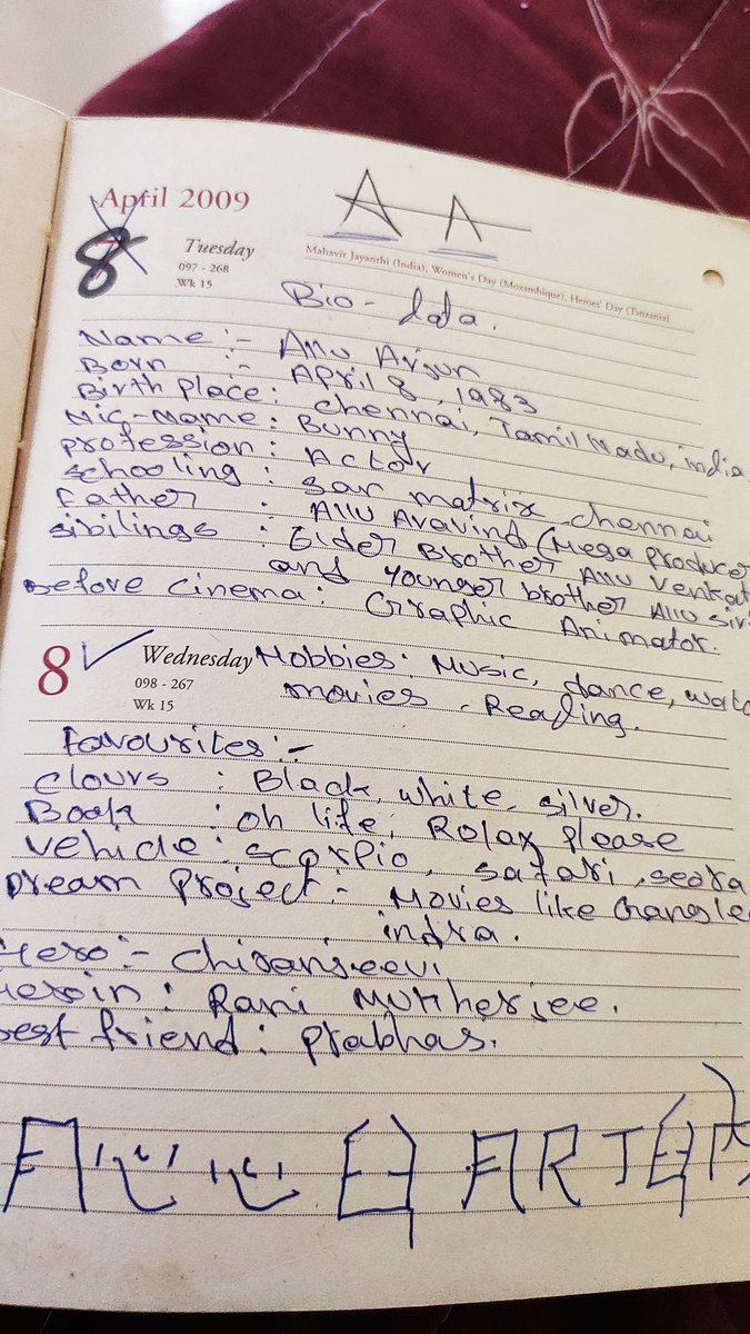AryaAjayOnline's tweet photo. After Watching Cult Cinema #Aarya2 I use to carry a diary Like Arya From Arya2📓
I wrote some important things
That Time I decided to
Take a @alluarjun's autograph in this diary 😍
Badly waiting for that moment ❤
#Pushpa #PushpaTheRise
#AAFanBoy
@AlluSirish @imsarathchandra https://t.co/fm7vtxumWR