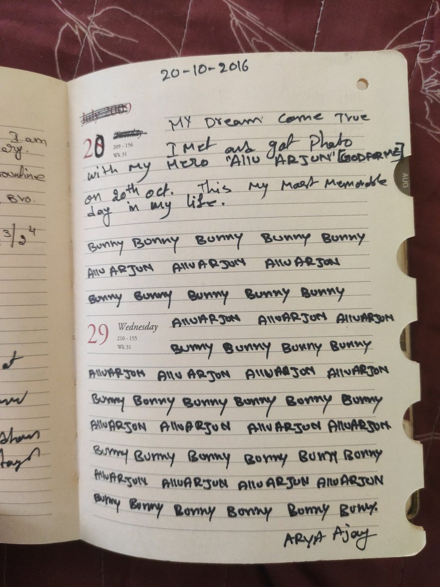 AryaAjayOnline's tweet photo. After Watching Cult Cinema #Aarya2 I use to carry a diary Like Arya From Arya2📓
I wrote some important things
That Time I decided to
Take a @alluarjun's autograph in this diary 😍
Badly waiting for that moment ❤
#Pushpa #PushpaTheRise
#AAFanBoy
@AlluSirish @imsarathchandra https://t.co/fm7vtxumWR