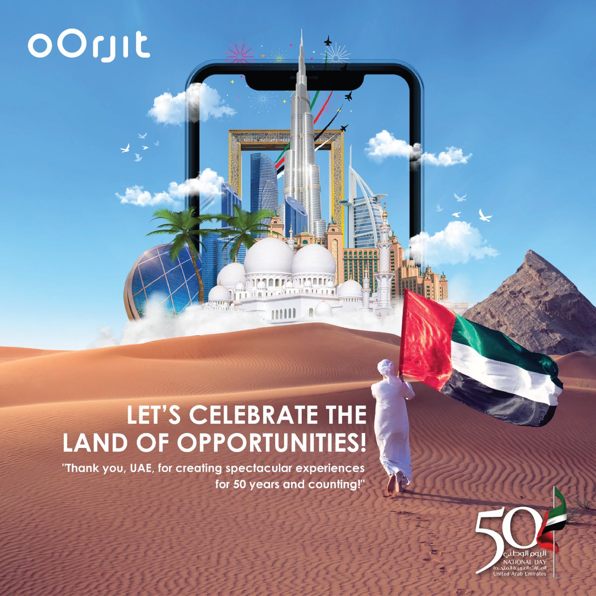OorjitPlatform's tweet photo. As United Arab Emirates is gearing up to celebrate its National Day, we would like to take a moment to honour the strength and commitment of the populace that helped shape the country over the years.

Here’s to 50 more glorious years! Happy National Day!
#uaenationalday #oOrjit https://t.co/xD3depZ3mv