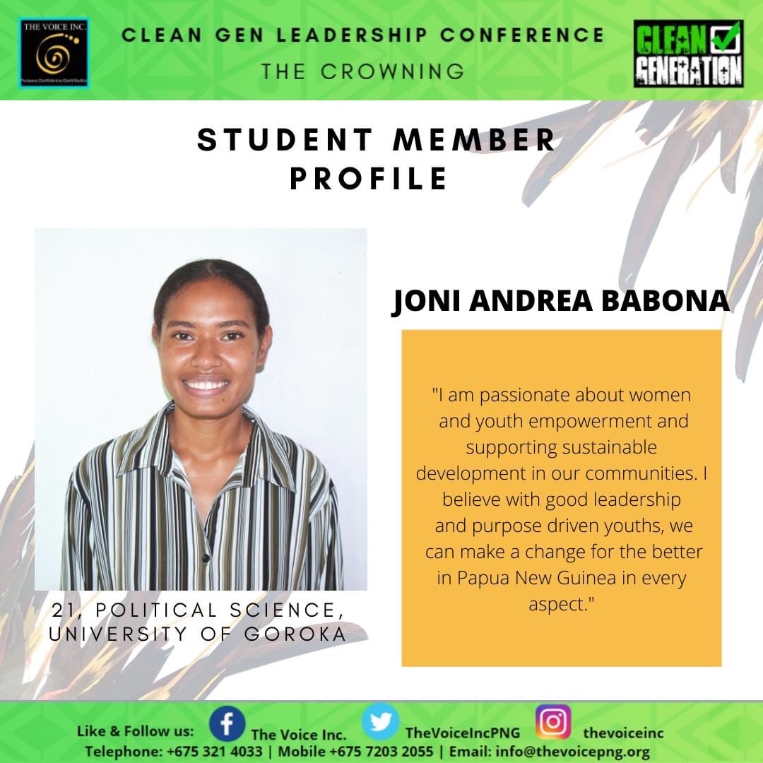 TheVoiceIncPNG's tweet photo. In the lead up to our Clean Gen Leadership Conference we will be featuring members of our community and sharing the passions that drive them.

Today we feature Joni, one of our student leaders from the University of Goroka.

#CleanGen #TheCrowning https://t.co/lWKzL5m6no
