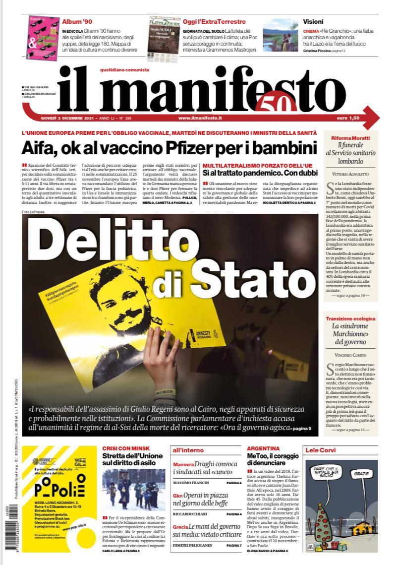 ilmanifesto's tweet photo. DELITTO DI STATO 

#ilmanifesto #laprima

«I responsabili sono al Cairo, negli apparati di sicurezza e probabilmente nelle istituzioni». La Commissione parlamentare d’inchiesta accusa all’unanimità il regime di al-Sisi della morte di Giulio Regeni: ”Ora il governo agisca” https://t.co/tLmxGLVC27