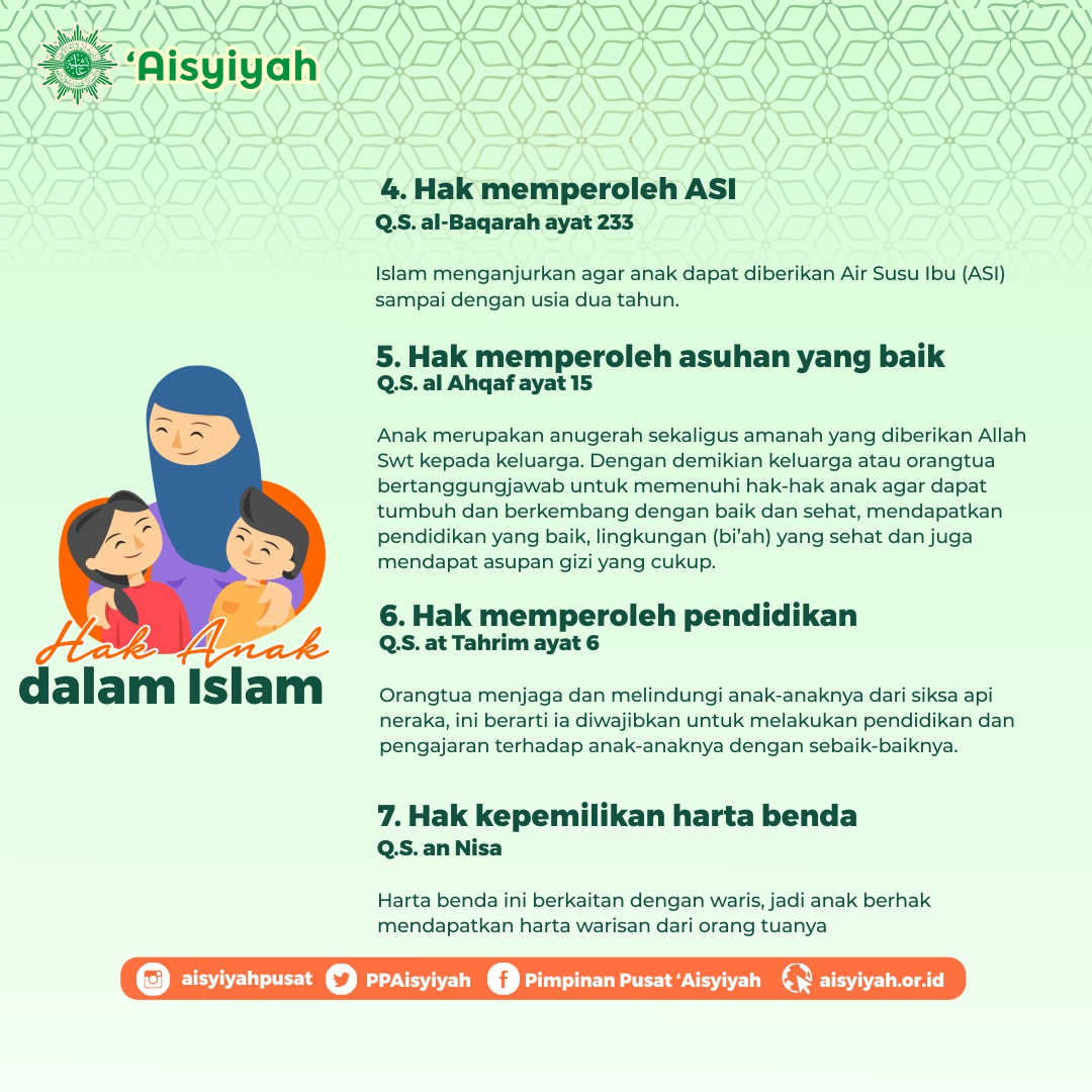 PPAisyiyah's tweet photo. Islam mengatur hak-hak anak yang harus dipenuhi sebagai bekalnya dalam menjalani kehidupan. Apa saja hak-hak itu ?

#Aisyiyah #IslamBerkemajuan #Parenting #HakAnakDalamIslam #GerakanPerempuanMuslimBerkemajuan #Muhammadiyah https://t.co/TzvaRK3M7n