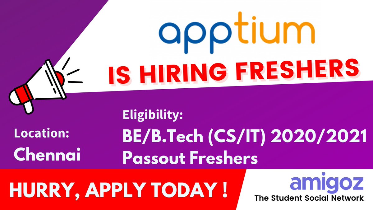 amigozapp's tweet photo. Apptium Technologies Is Hiring BE/B.Tech 2020/2021 Passout Freshers

Apply Here: https://t.co/GgZ7uBQwW6
 #thestudentsocialnetwork https://t.co/Zqzj86GfMT
