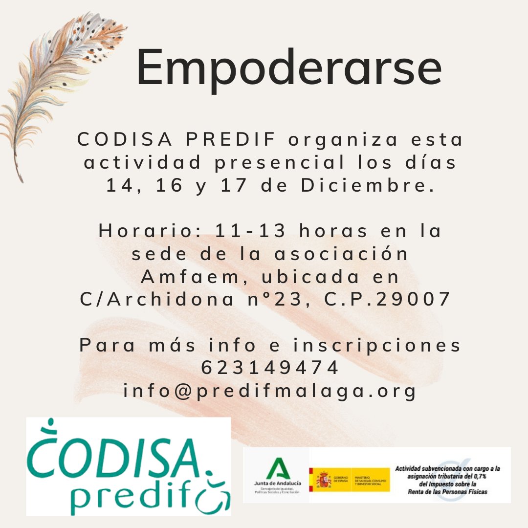 PredifM's tweet photo. Buenos días! Os compartimos el cartel del Taller de empoderamiento de la mujer con discapacidad que se llevará a cabo en este mes de diciembre. Apúntate! https://t.co/uFBBK6IoS5