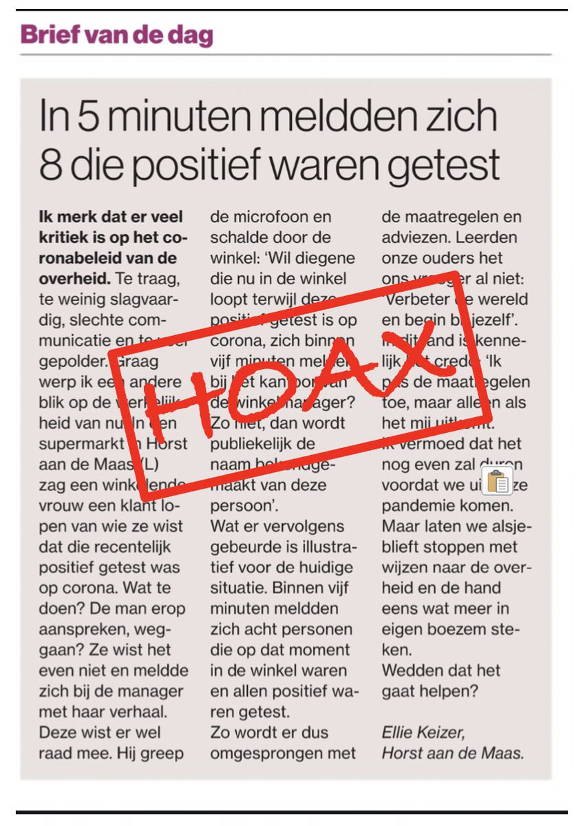 Pijnlijke fout: <a href="/ADnl/">AD.nl</a> en aangesloten regiokranten publiceren vandaag als brief van de dag het internationaal verbreide broodje aap over de coronaverklikker in de supermarkt. x.com/JPeterBurger/s… HT <a href="/FonsWesterdijk/">Fons Westerdijk</a>