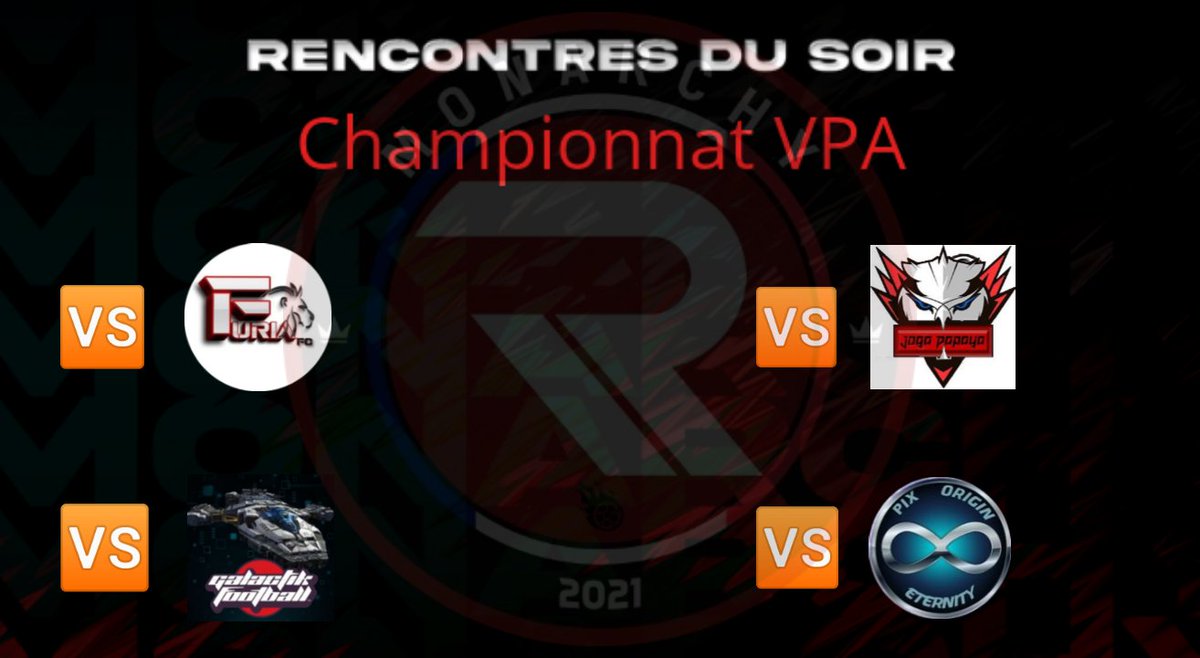 🔴⚫ Championnat <a href="/VPA_France/">VPA France</a> : 

🆚 Furia FC ( Amical )
🆚 @GLKSinedd 
🆚 @JoGaPapaya 
🆚 <a href="/OriginEternitY/">Origin EternitY</a> 

Bon match a nos joueurs et aux adversaires ! Let'S go #monarchy 🔴⚫