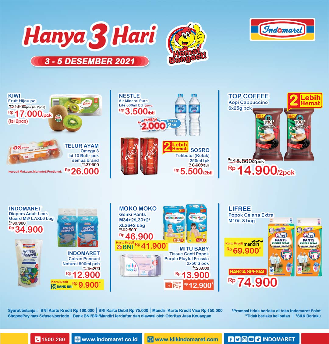 Indomaret's tweet photo. Akhir pekan ini jangan lupa belanja di Indomaret! Ada yang hemat di promo HANYA 3 HARI | periode 3-5 Desember 2021. Info lengkap S&amp;K promo Kartu Bank/LinkAja/ShopeePay cek di https://t.co/vWWtg8OOJK #Hanya3Hari #Indomaret #PromosiIndomaret https://t.co/t7wzFIChgt