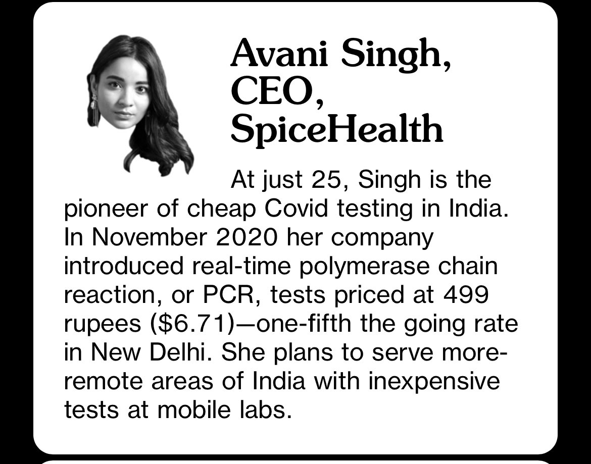 debojo_m's tweet photo. https://t.co/MGFzZp2gBu 
@avaniisingh gets featured in the Bloomberg Top50 people &amp; their ideas that defined global business in 2021. Since Nov 20, @spice_health has brought in a paradigm shift in Covid19 test regime &amp; will soon be a force to reckon with in the healthcare sector. https://t.co/rBZ6uSCr2X