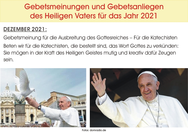 Gebetsanliegen des Heiligen Vaters - Dezember 2021: 
Gebetsmeinung für die Ausbreitung des Gottesreiches – Für die Katechisten
Beten wir für die Katechisten, die bestellt sind, das Wort Gottes zu verkünden: Sie mögen in der Kraft des Hl. Geistes mutig & kreativ dafür Zeugen sein.