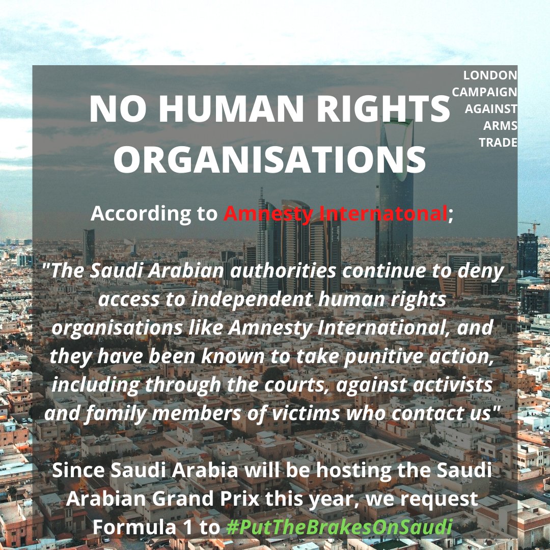 Another aspect of Saudi Arabia's crackdown on human rights is their denial of access to human rights organisations such as Amnesty International, thus preventing proper scrutiny of their actions

We call on F1 to #PutTheBrakesOnSaudi #SaudiArabianGP