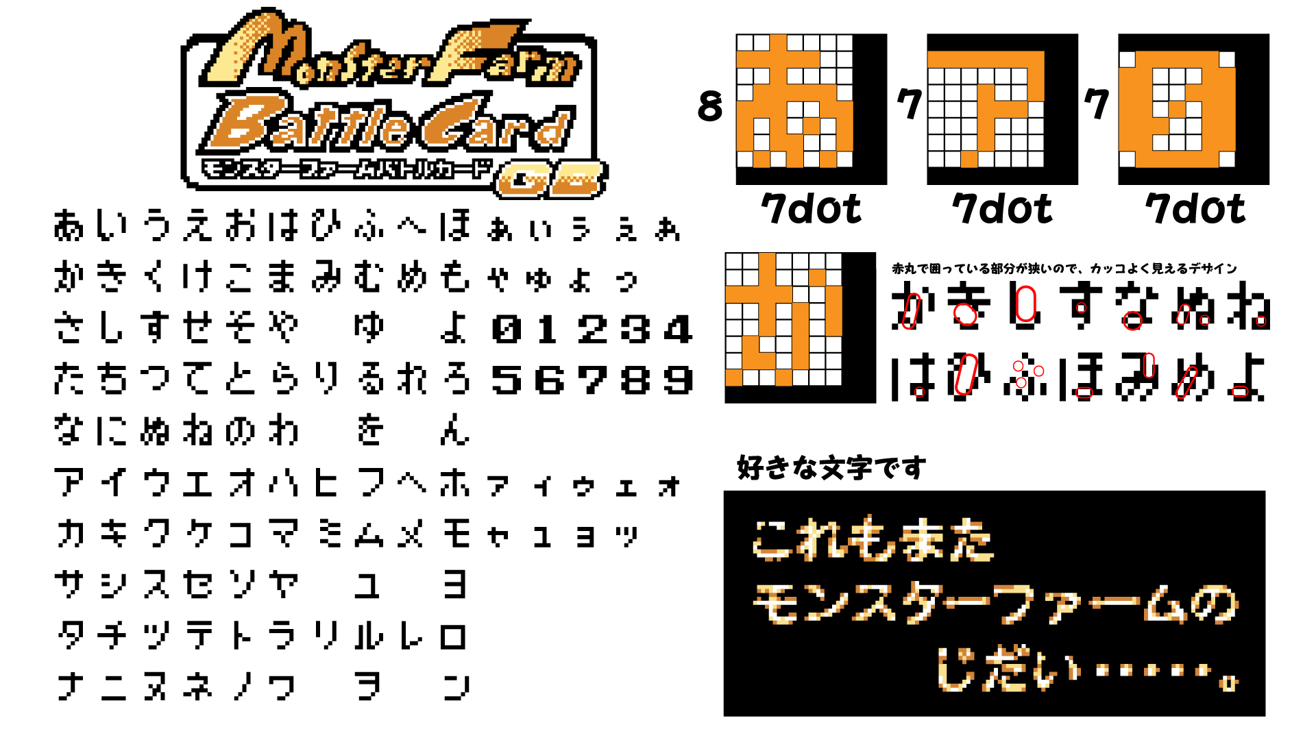 日本リテラル株式会社 Pa Twitter 第37回夜のドット文字勉強 モンスターファームバトルカードgb 1999 テクモ Gb 8 7dot 全体的に締まったカッコいい文字 カタカナはユニークなデザインが多いです オープニングで出てくる判子のような文字をドットで表現し