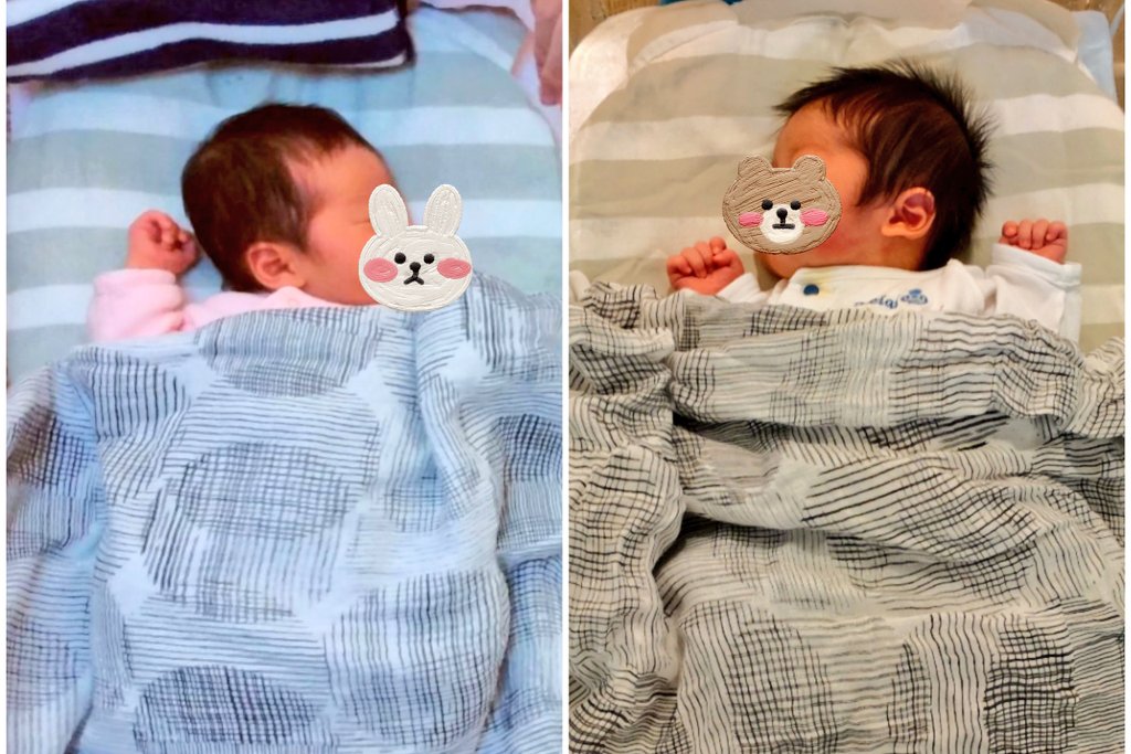 たまたま入院バッグに娘の時とおなじおくるみ突っ込んで来てて比較写真が撮れた!持ってきて良かった!
自分から産まれたばっかのエケチェンが並んでる写真に自分で泣いたけど、みてねウケ(写真共有アプリ)する写真が撮れたなと邪な笑みを浮かべたのであった。じいばあ達にはウケた。
#育児絵日記