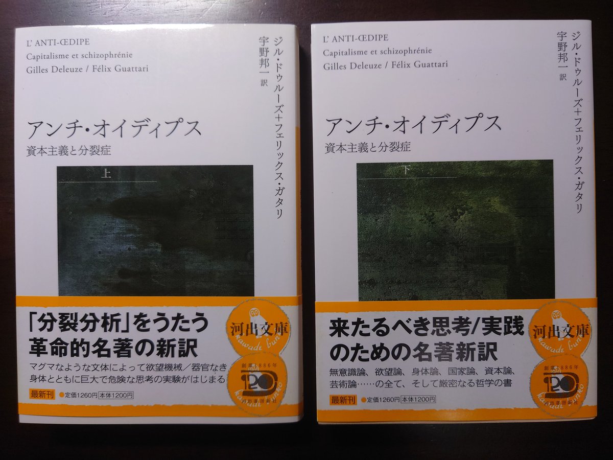 Ev_Galois's tweet photo. ヤフオクで落札した河出文庫のドゥルーズ&ガタリ『アンチ・オイディプス 資本主義と分裂症 上』『同 下』到着😇
#GillesDeleuze
#PierreFélixGuattari
#AntiOedipus
#LAntiOEdipe https://t.co/7Z5UuCDnOb