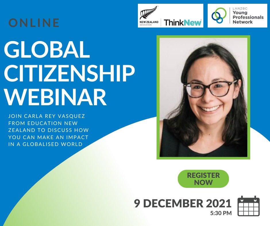 🌎 Free webinar alert! Join Carla Rey Vasquez from Education NZ to discuss how you can create impact in a globalised world. 🗓️ 9 Dec. Register now: ypn.lanzbc.co.nz/events/upcomin…

<a href="/LANZBC/">LANZBC</a>
<a href="/educationnz/">Education New Zealand Manapou ki te Ao</a>
@CAPELatAm

#globalcitizen #latinamerica #newzealand #freewebinar #careerdevelopment