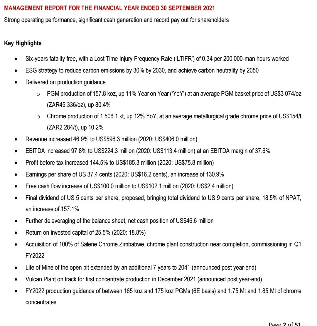 smallcapsfrance's tweet photo. Impressive #Tharisa. VE/ebit=2,2× VE/FCF=4x Very good prospects for 2022 with the entry into service of Vulcan in January 2022. Congrats for the financial com all along the year 👏 https://t.co/EN4FJzgNrv