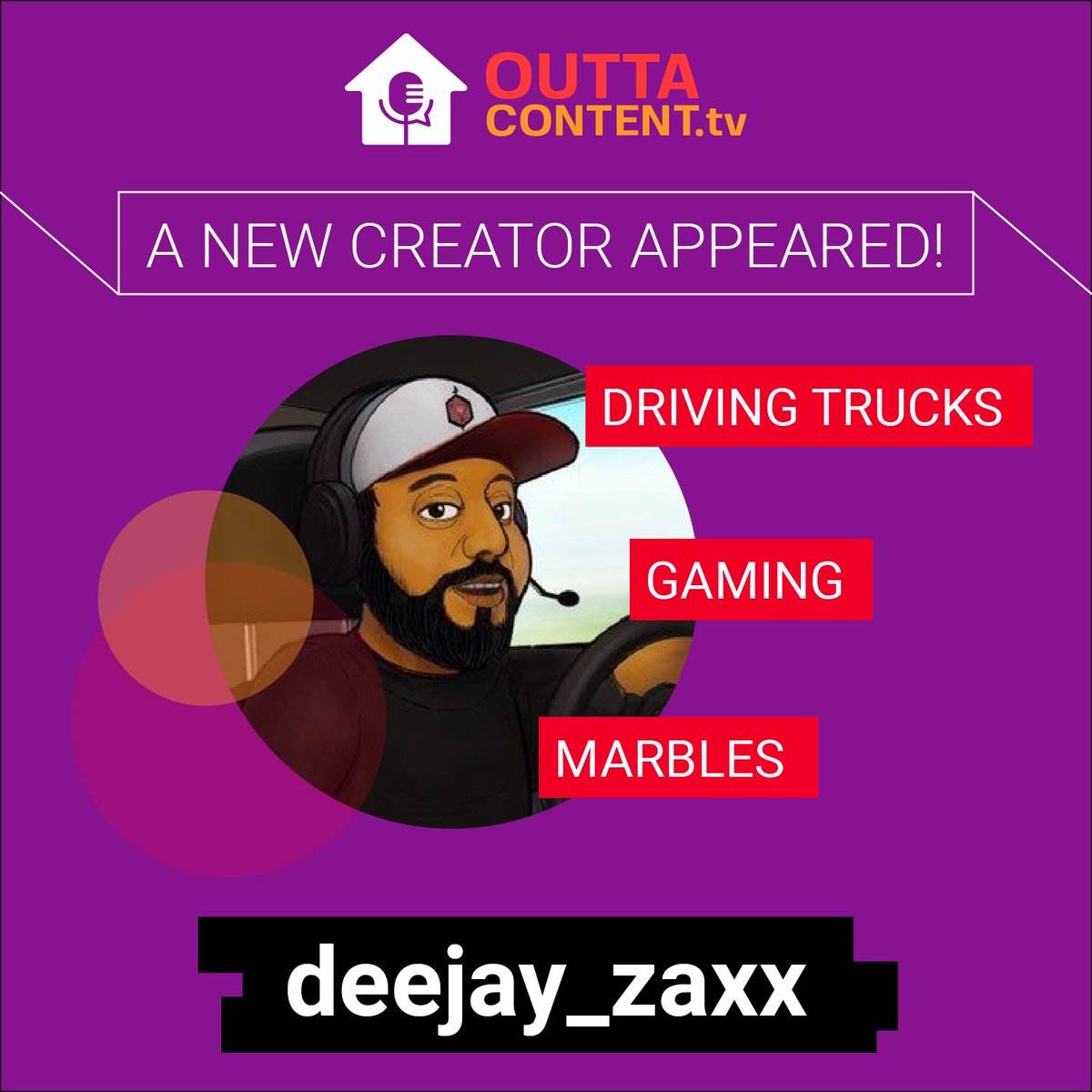 OuttaContentTV's tweet photo. First up is our favorite truck driving, semi-professional Marbles shoutcaster. We love watching @Deejay_zaxx journey across the country side and we're pleased to announce that his next destination is Outta Content TV!

Be sure to catch him live on Twitch: https://t.co/DmnCqOLU93 https://t.co/d93fNcksw2