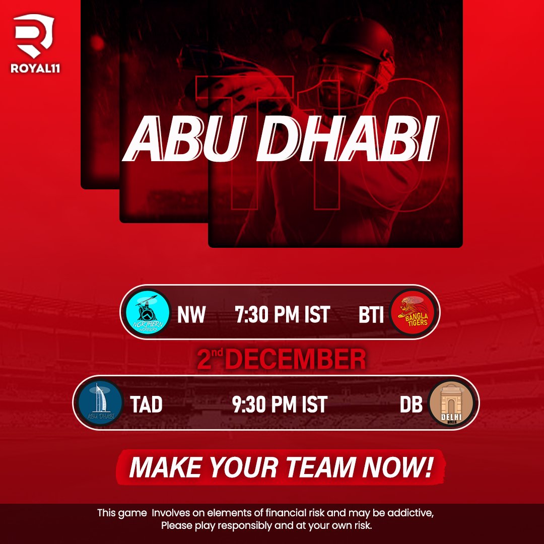royal11official's tweet photo. Play two back to back #matches of #ABUDHABIT10🏏
Create multiple teams, ek na sahi dusri #team toh #paise jeetaygi🤑💸
#Royal11 #FantasyCricket #PlayNow #PlayBig #trending #GameAlert #BanglaTigers #NorthernWarriors #DelhiBulls #TeamAbuDhabi #ChrisGayle #Plessis #Afridi #MoeenAli https://t.co/PUDkCEBaYZ