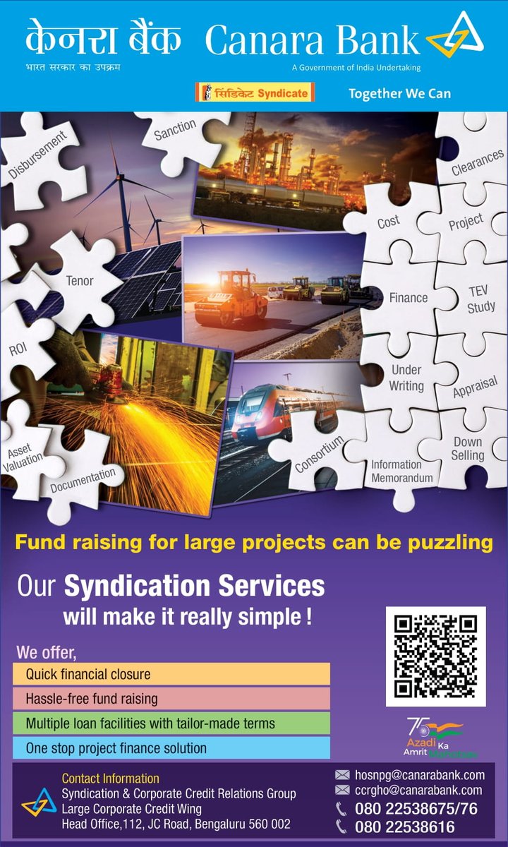 canarabank's tweet photo. Every Capex Project needs right financial partner. Canara Bank's Syndication Service is one stop solution provider for project finance. 

@investindia @startupindia @NITIAayog @makeinindia @DPIITGoI 

#loansyndication #termloan #cfo #ceo #cfoindia #ceoindia #corporatebanking https://t.co/yRDMb4glsN