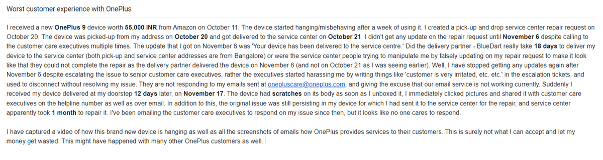JTapariya's tweet photo. Worst experience with @OnePlus_IN. Just 1.5 months of purchasing new OnePlus9, hanging every now and then, service center took 1 month to repair, sent it back with physical damages and without solving original issue. RIDICULOUS!
@OnePlus_Support @Vikas_AGL @PeteLau #NavnitNakra https://t.co/yP9Vrpv7CR