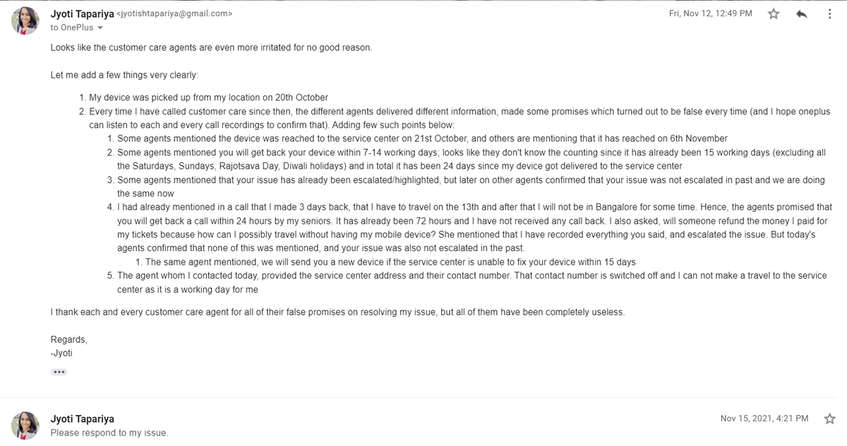 JTapariya's tweet photo. Worst experience with @OnePlus_IN. Just 1.5 months of purchasing new OnePlus9, hanging every now and then, service center took 1 month to repair, sent it back with physical damages and without solving original issue. RIDICULOUS!
@OnePlus_Support @Vikas_AGL @PeteLau #NavnitNakra https://t.co/yP9Vrpv7CR